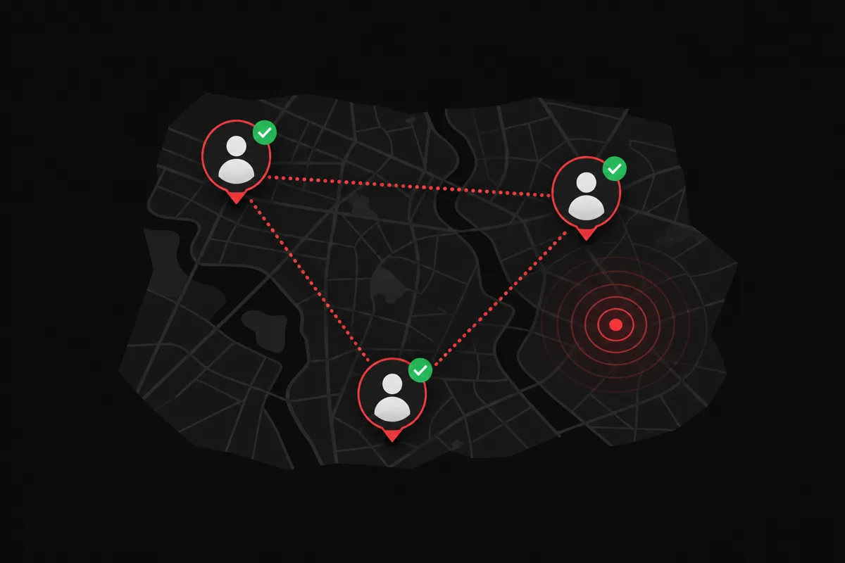 Illustration of a family safety circle on a map with safe check-in badges