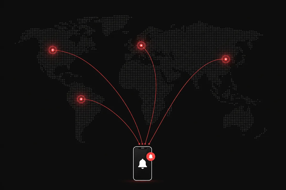 Illustration of earthquake data from four global sources converging into one phone alert